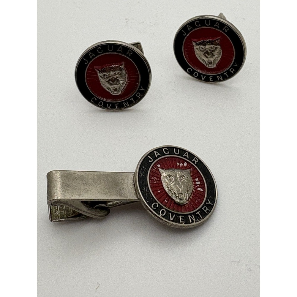Vintage Jaguar Coventry Tie Clip and Cuff Links Set Silver Red Black Mens